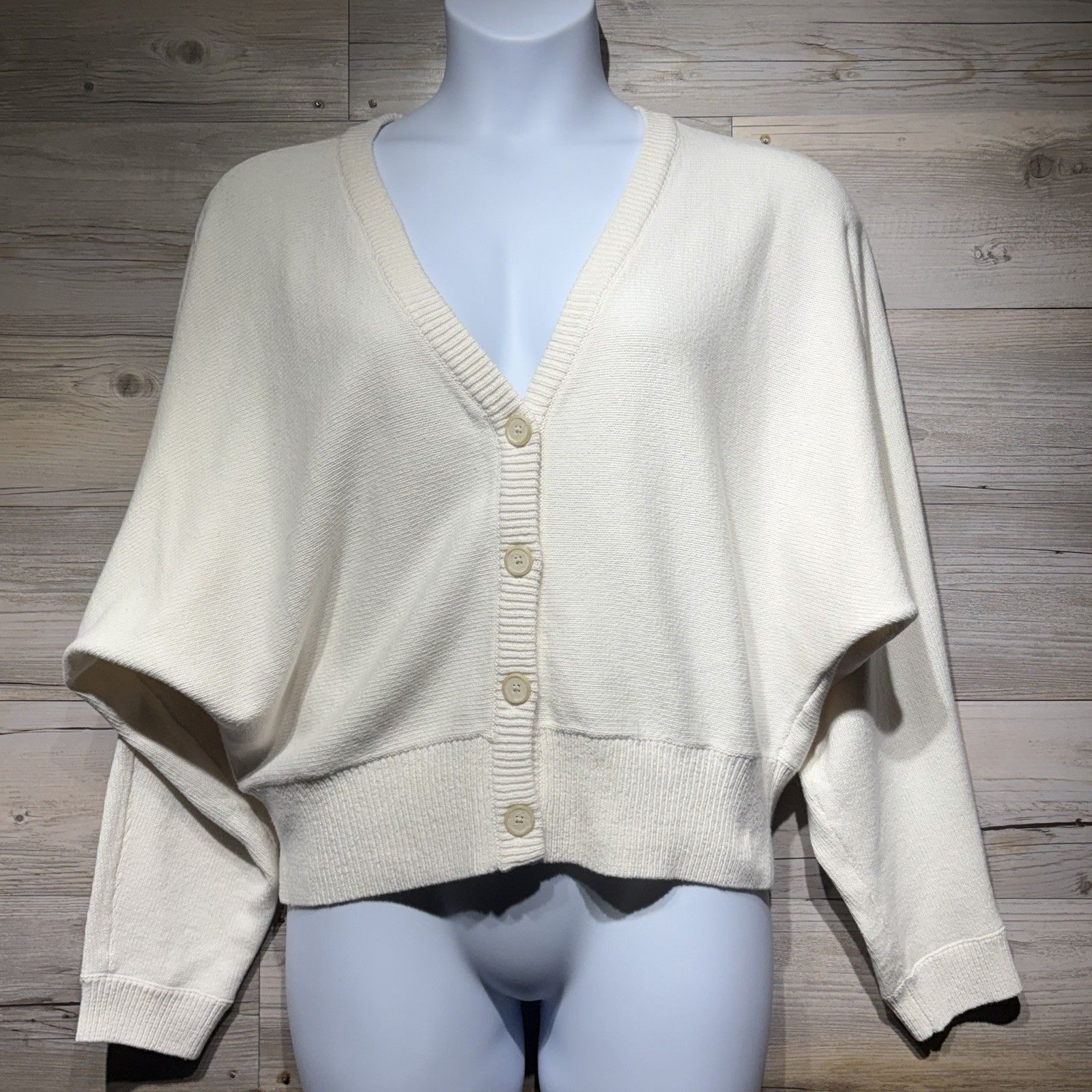 Loft Dolman Sleeve V-Neck Cardigan Sweater Button-Up Cream Size Large Preppy — image 2 of 8